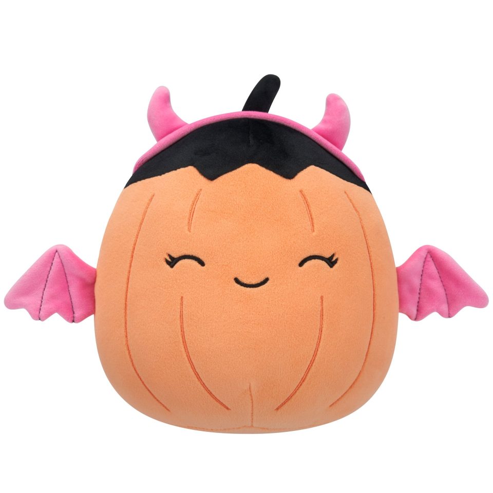 Squishmallows 8-Inch Margie the Pastel Orange Pumpkin in Pink Devil Costume
